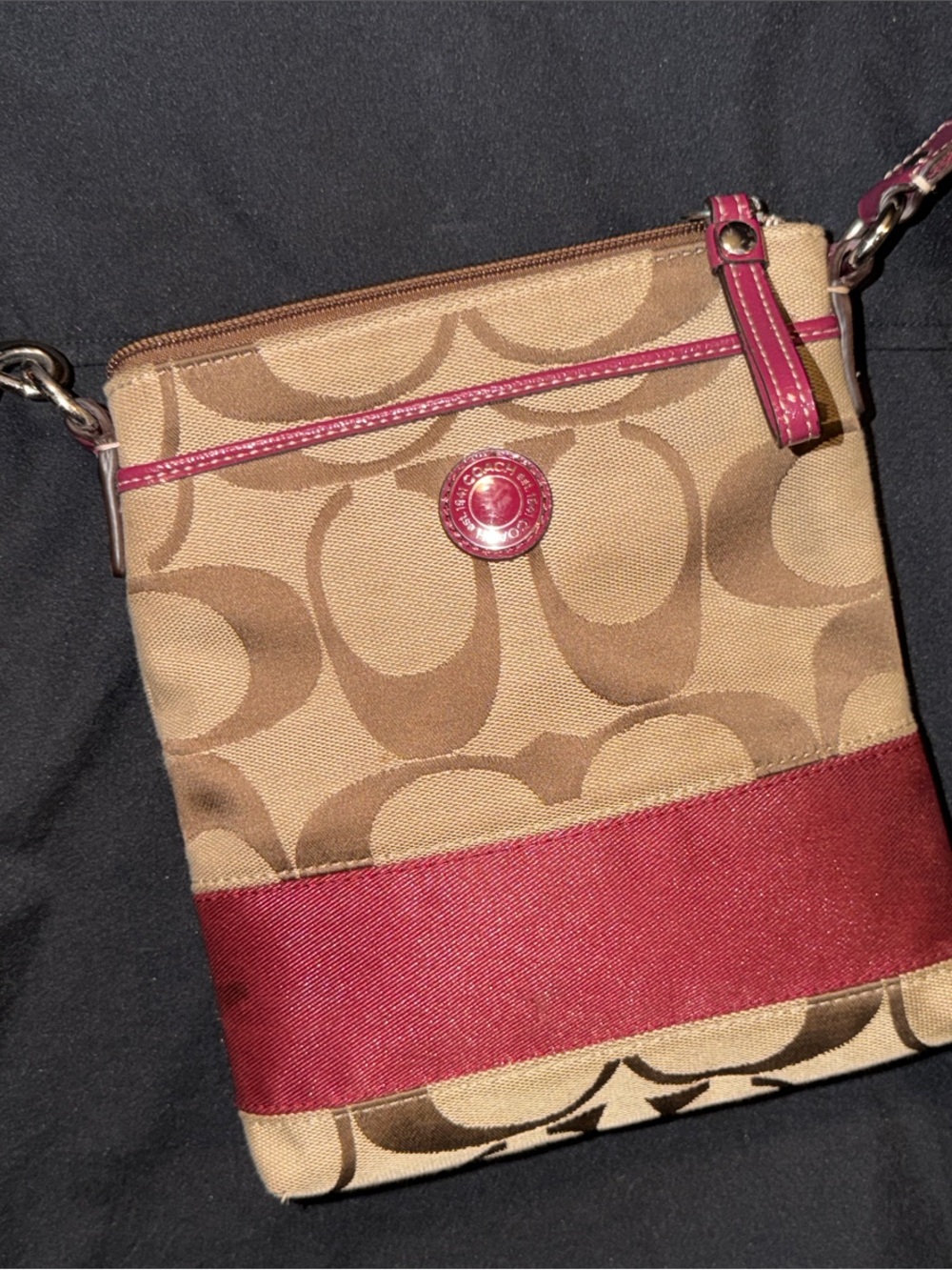 Coach Tan Signature Crossbody with Burgundy Trim